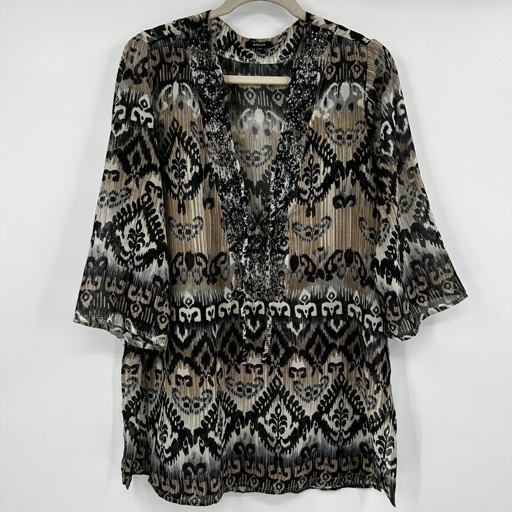RAVIYA‎ Women's Beaded V Neck Tunic Cover Up Shirt Top Black Tan Print Medium